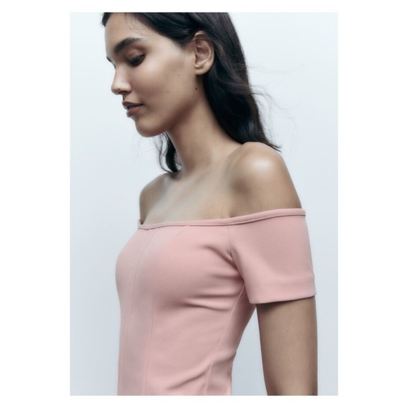ZARA Light Pink Off the Shoulder Midi Dress Medium Blogger Favorite Valentines - Picture 8 of 16